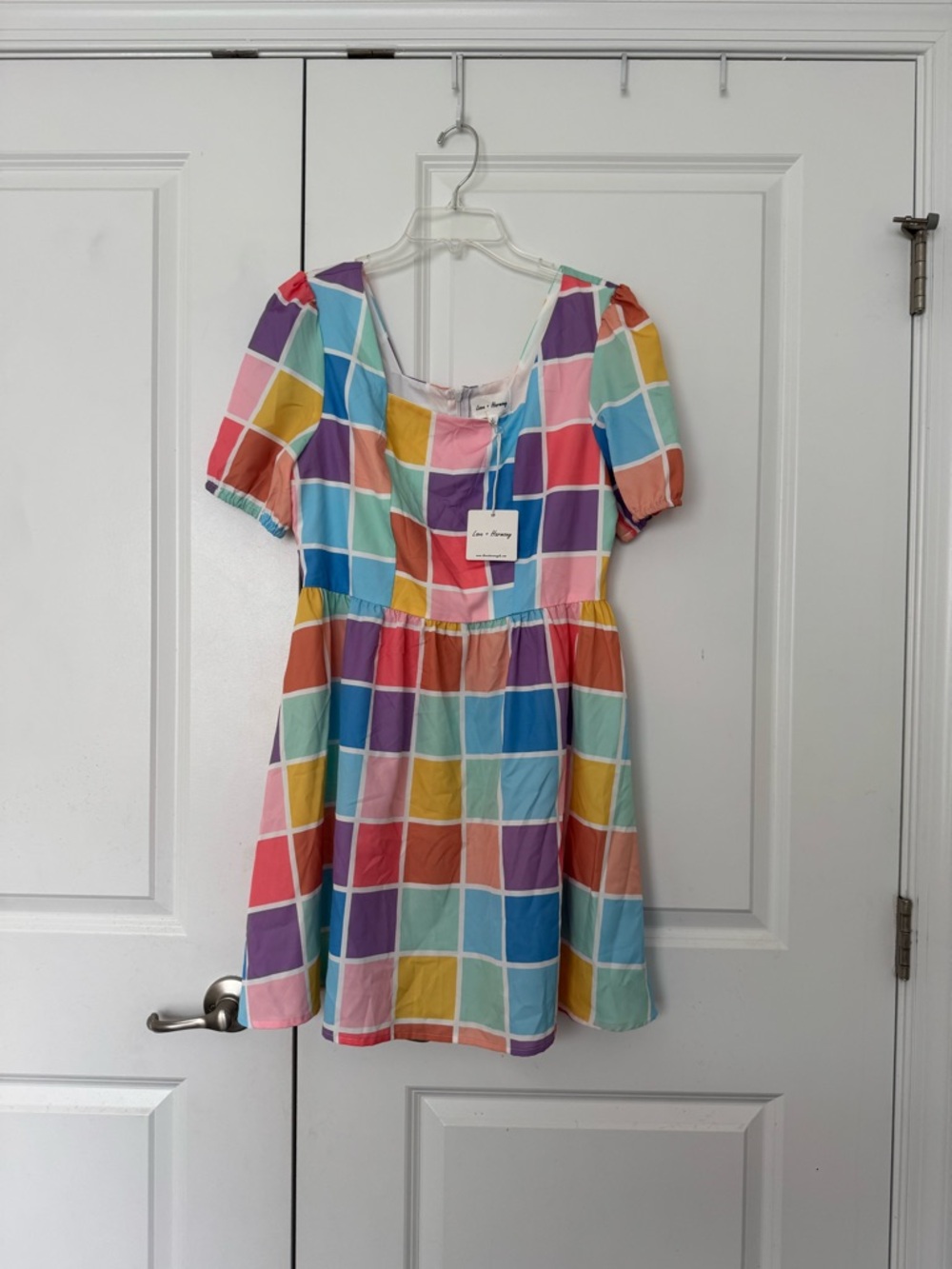 Love + Harmony Multicolor Check Puff-Sleeve Casual Mini Dress size large